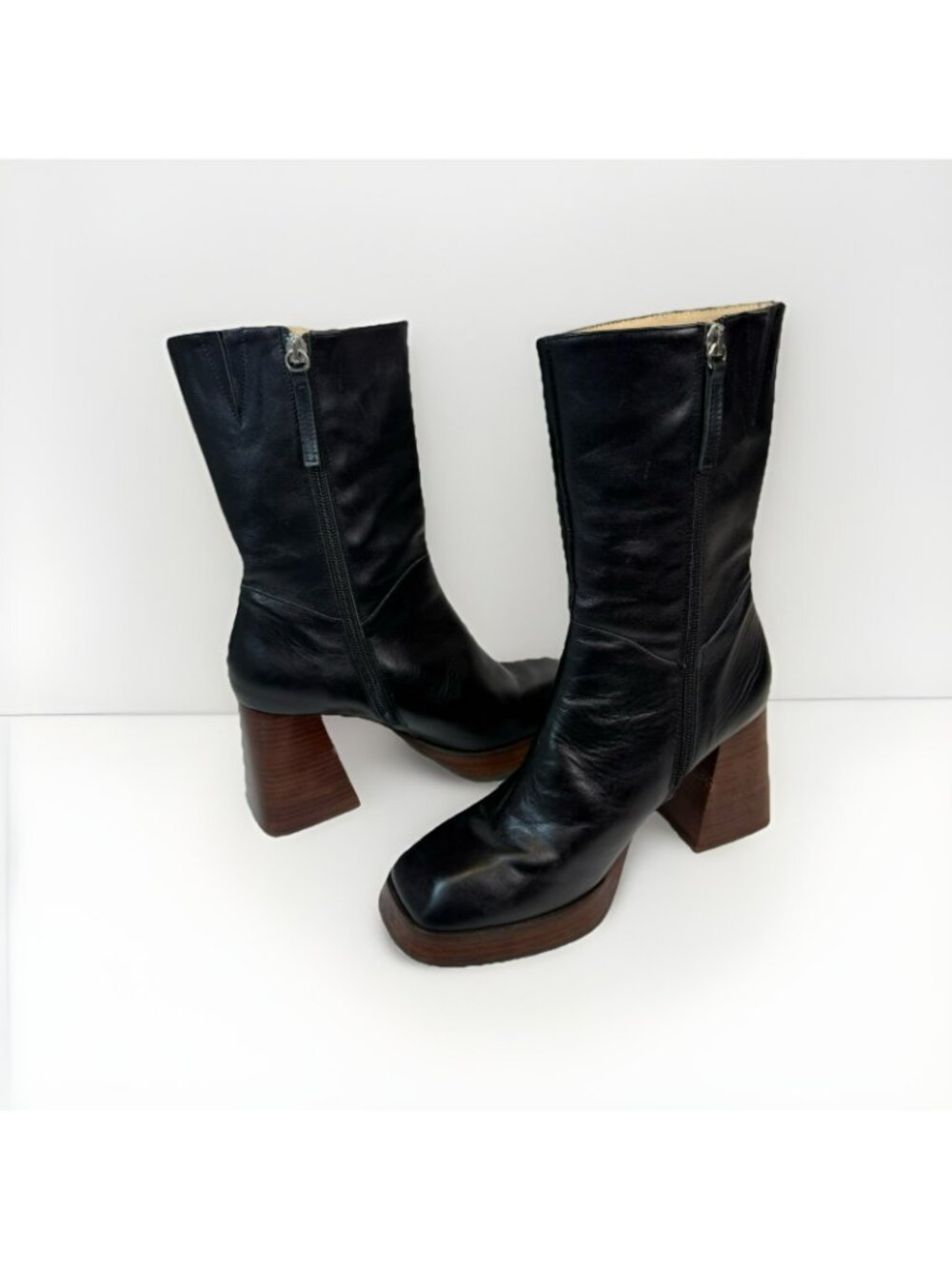Ana Palma Mid Calf Leather Boots Black Block Heel Square Toe 90s Size 38 US 7 - Picture 6 of 12
